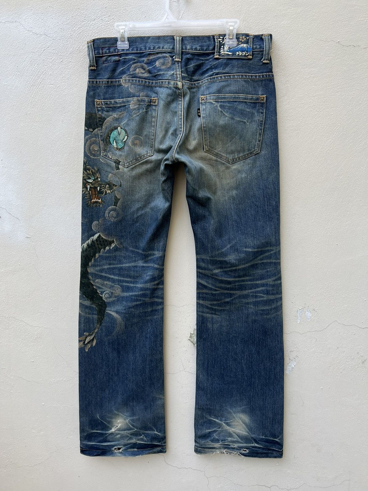 Vintage VTG Namino Ritatsujin Japan Clouds Dragon Denim Flare Jeans Size US 34 / EU 50 - 3 Thumbnail