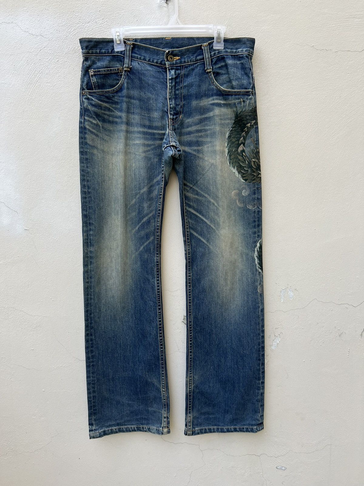 Vintage VTG Namino Ritatsujin Japan Clouds Dragon Denim Flare Jeans Size US 34 / EU 50 - 14 Thumbnail