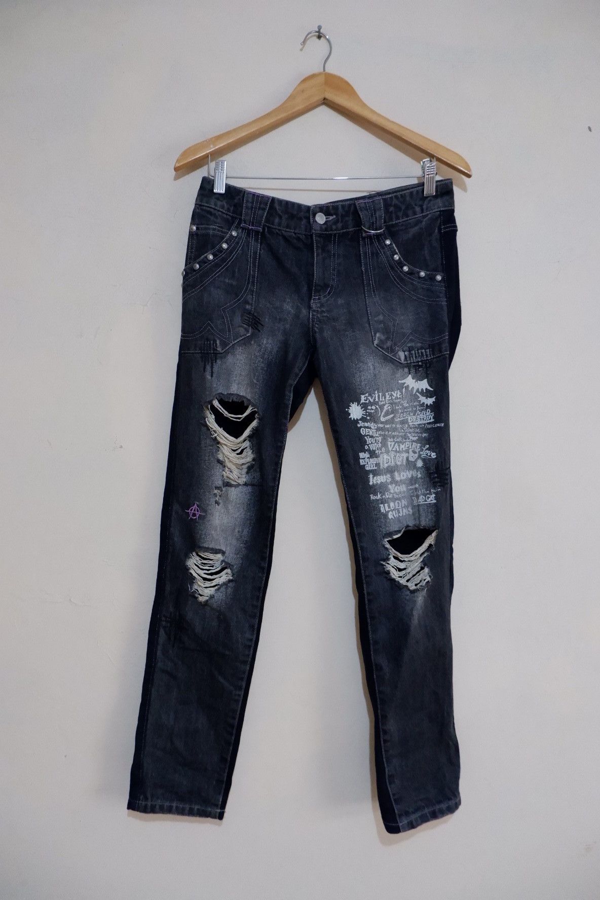 20471120 Y2K ALGONSQUINS Poem Distressed Jeans Size US 30 / EU 46 - 1 Thumbnail