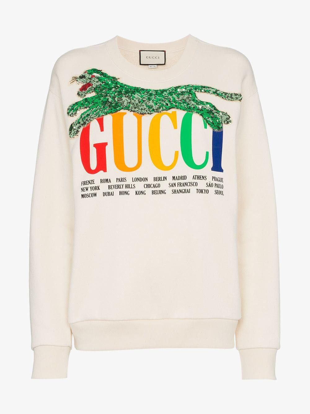 Gucci OVERSIZED CITIES OFF-WHITE SWEATSHIRT WITH SEQUIN PANTHER | Grailed