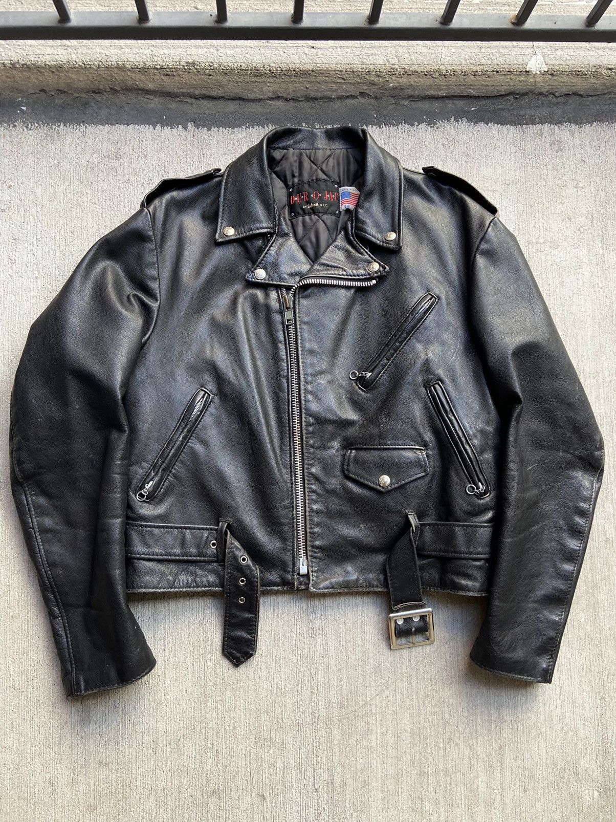 image of Made In USA x Schott Vintage Durojac Schott Nyc Black Leather Motorcycle Jacket, Men's (Size Large)