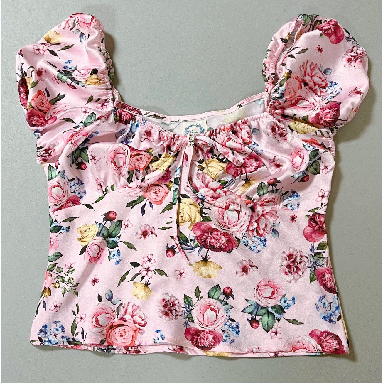 Pink Silk Satin Ruched Floral Top Shirt Blouse Size S 🌸🎀
