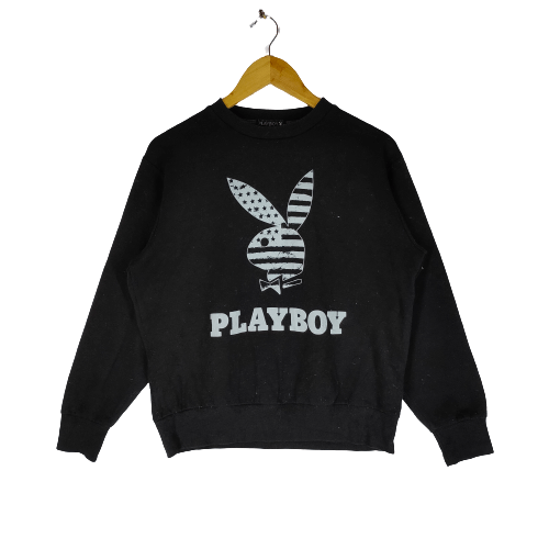 image of Playboy Big Spellout American Flag Bunny Sweatshirt in Black, Men's (Size Medium)