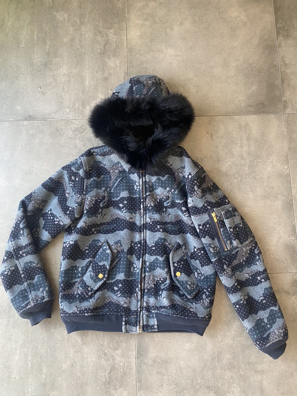 SWAGGER Camo fur hooded bomber