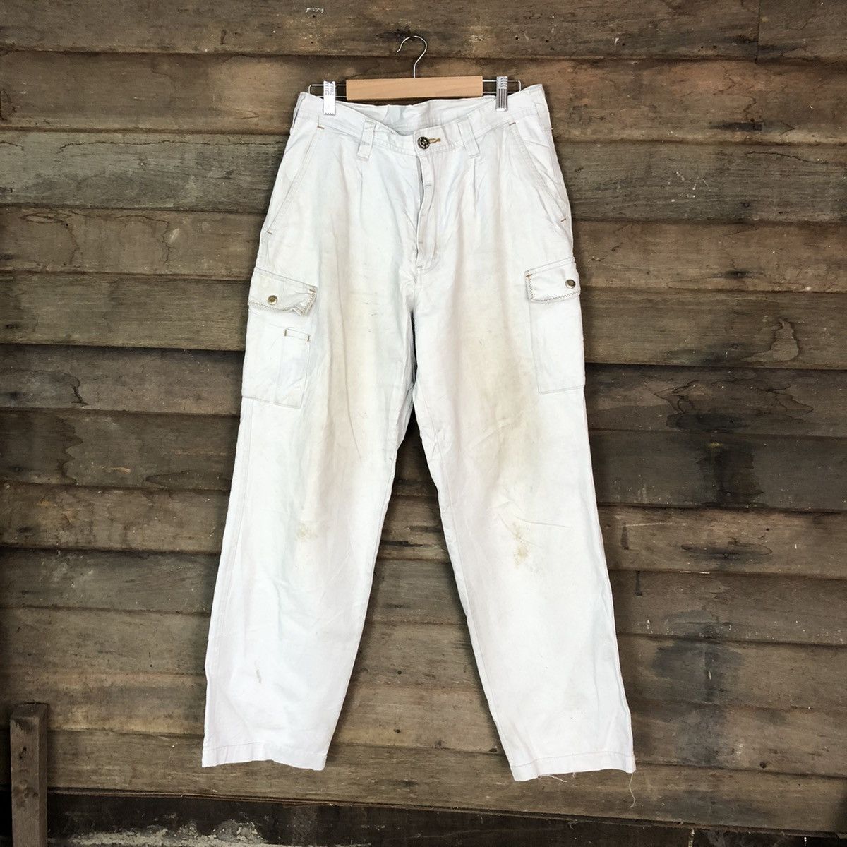 Japanese Brand Ginwash White Faded Cargo Multipocket Pants #H452 Size US 32 / EU 48 - 1 Thumbnail