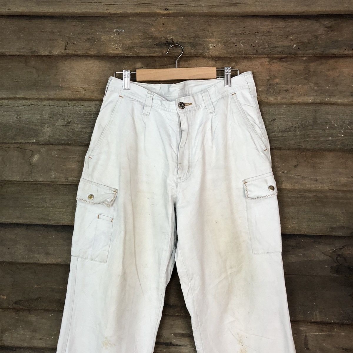 Japanese Brand Ginwash White Faded Cargo Multipocket Pants #H452 Size US 32 / EU 48 - 2 Thumbnail