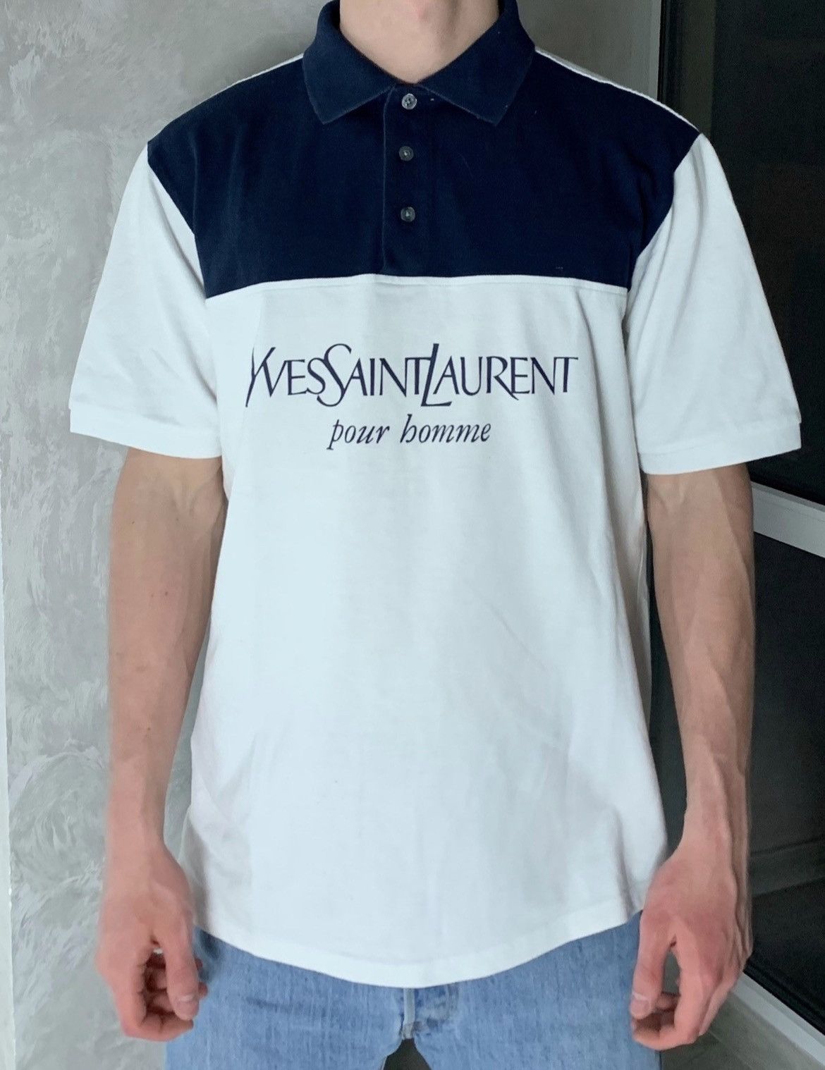 Vintage × Yves Saint Laurent Saint Laurent Vintage Polo Big Logo Navy / White Size US L / EU 52-54 / 3 - 2 Thumbnail