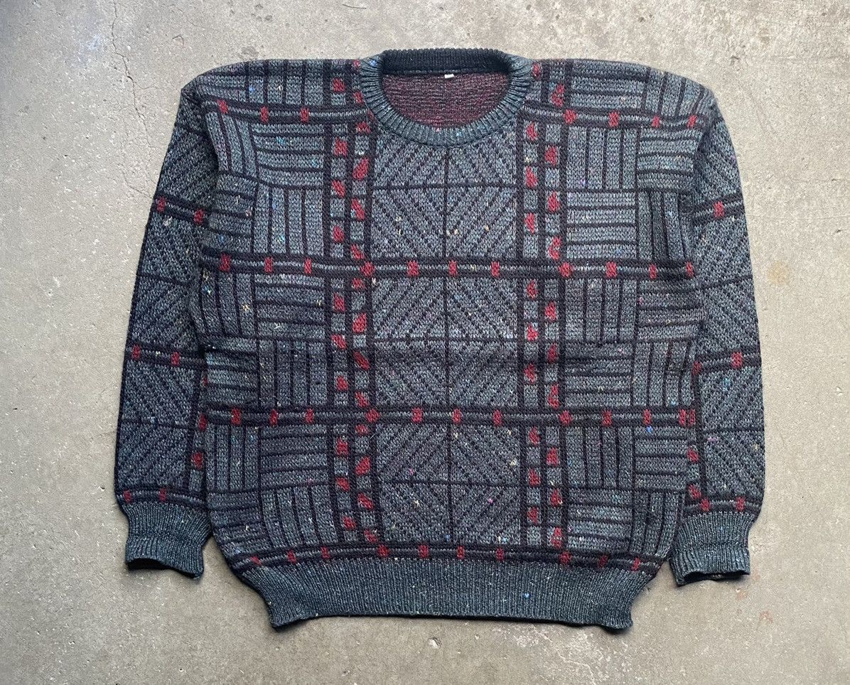 Vintage 70s Grey Maroon Patterned Knit Sweater | Grailed