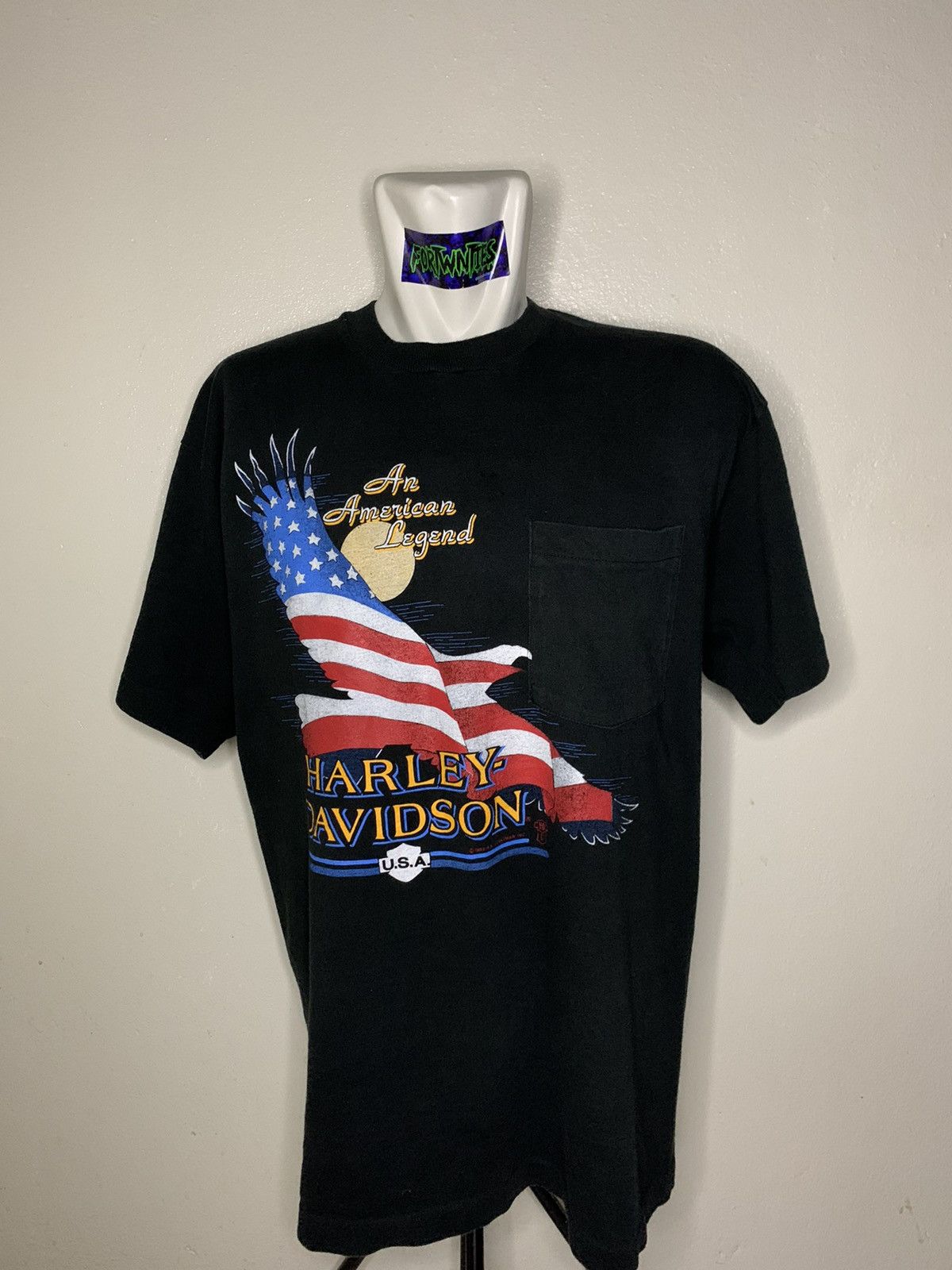 90'S Fruit of the Loom Harley Davidson Back Print Motorcycle Bike T-Shirt Made in USA Men's L size cotton black type Vintage Second Hand