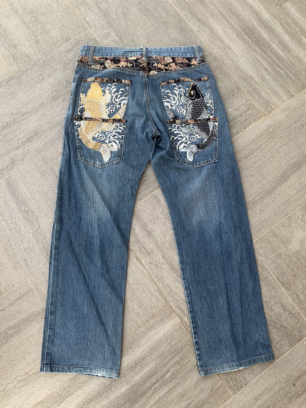 Japanese Brand Double Back Pocket Embroidered Koi Fish Denim Pants Size US 33 - 1 Thumbnail