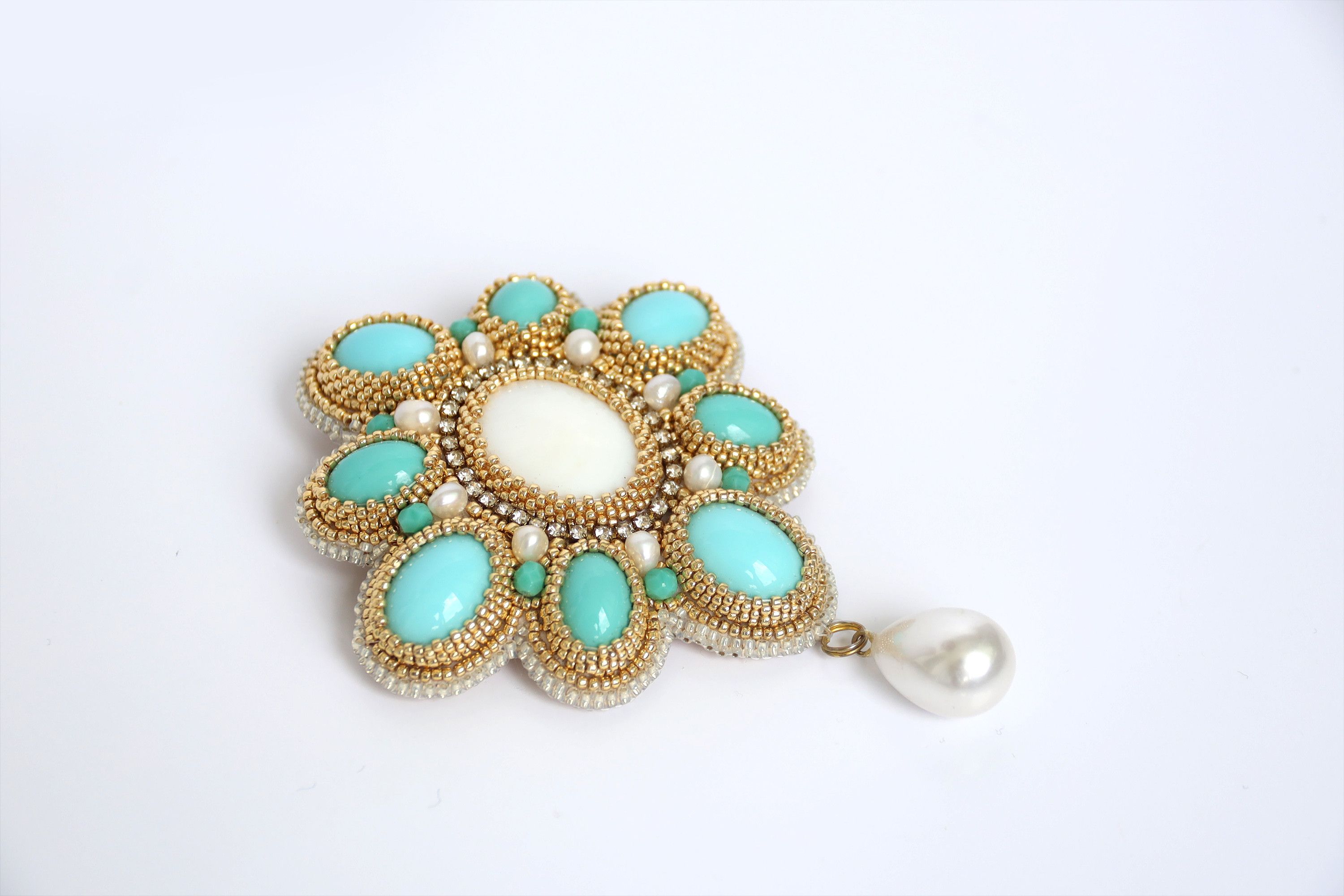 Other Womens Beaded Brooch Japanese Beads chrysoprase blue agate Size ONE SIZE - 3 Thumbnail