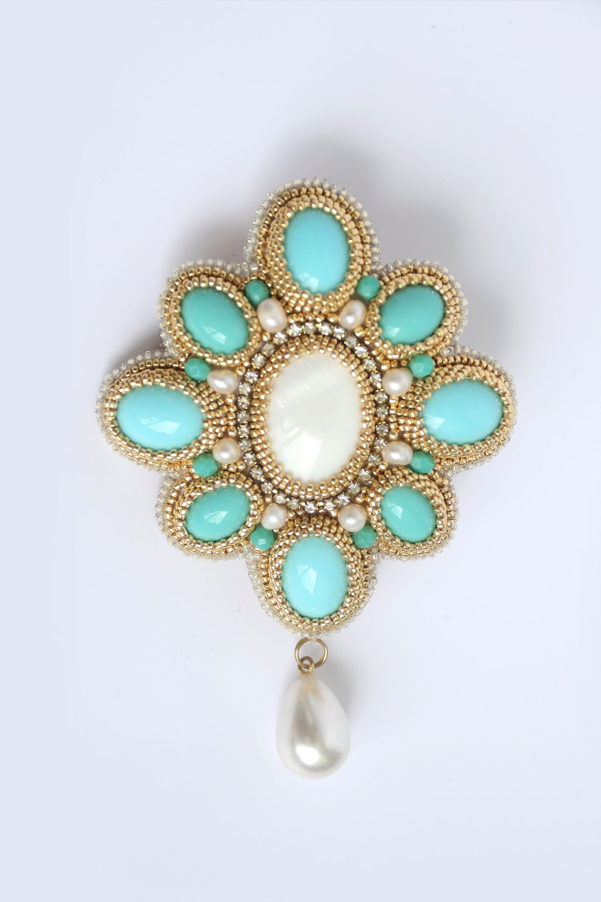 Other Womens Beaded Brooch Japanese Beads chrysoprase blue agate Size ONE SIZE - 2 Thumbnail