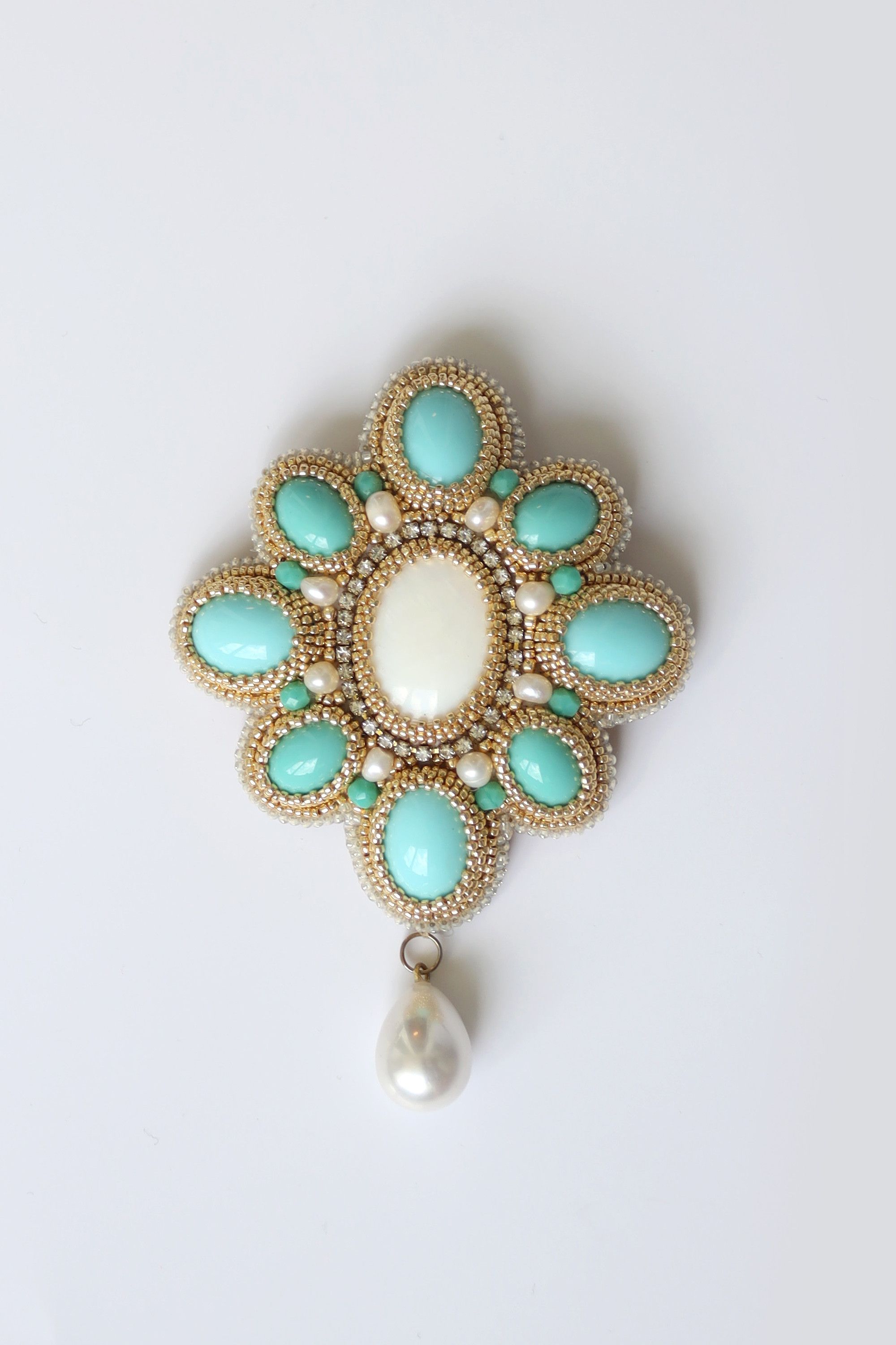 Other Womens Beaded Brooch Japanese Beads chrysoprase blue agate Size ONE SIZE - 5 Thumbnail