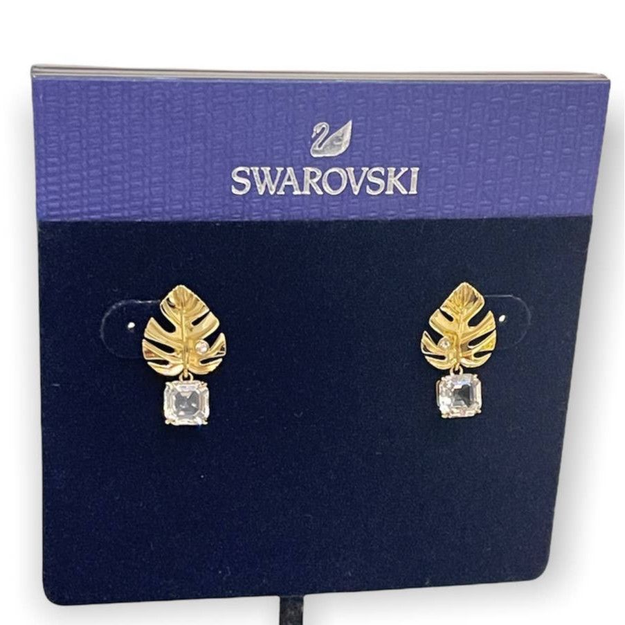 Swarovski Tropical Leaf Pierced Earrings, high quality GOS Square-shape Crystal