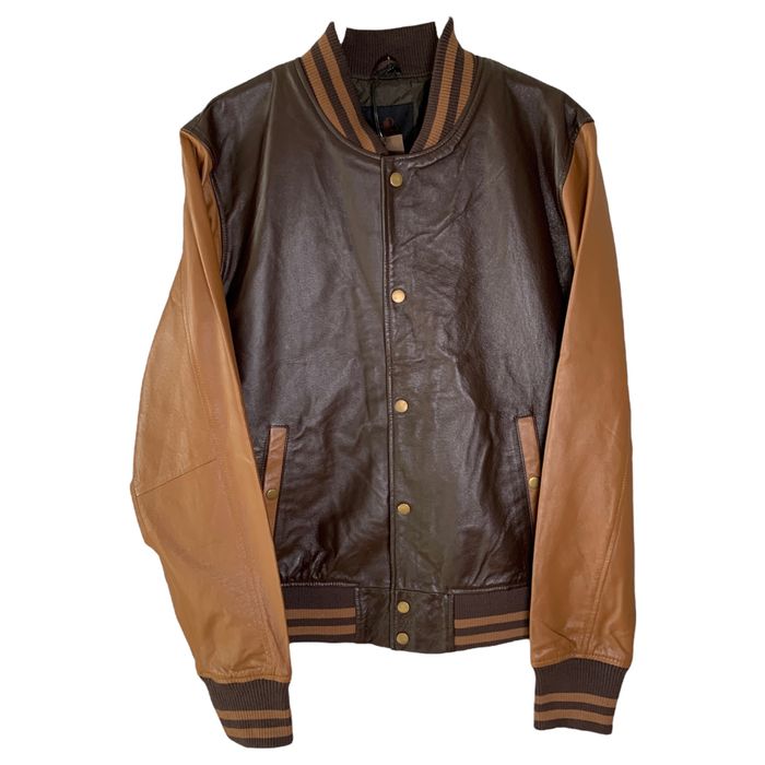 Vintage Made by Monkeys brown faux leather varsity.baseball jacket