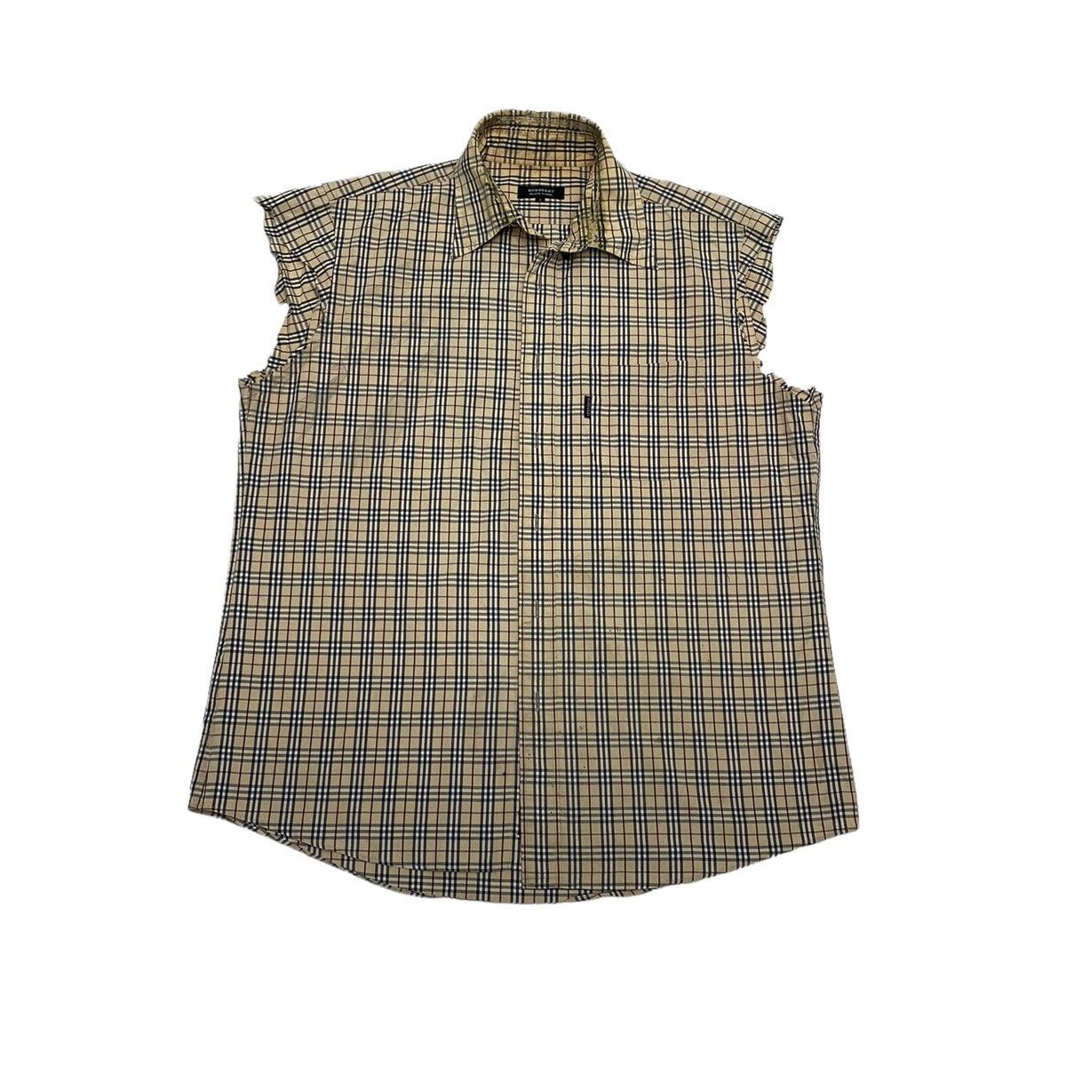 BURBERRY BLACK LABEL CHECKED DISTRESS CUT SLEEVE LESS SHIRT