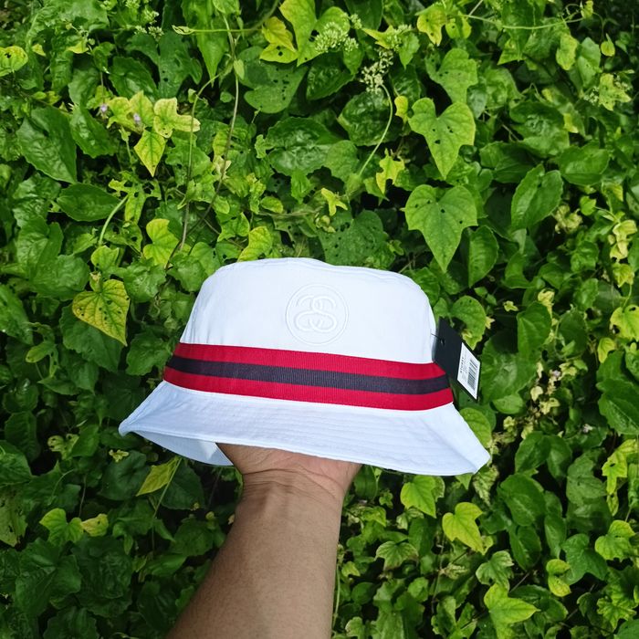 Stussy Stussy Bucket Hat White With Red and Blue Line🔥 Grailed