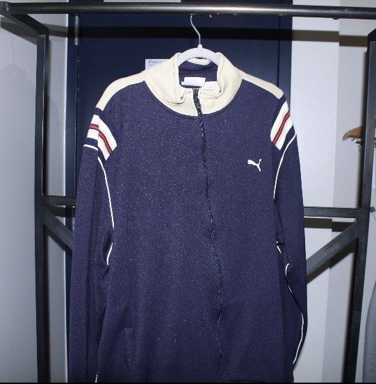 Puma VINTAGE NAVY AND TAN KNITTED PUMA TURTLE NECK ZIP-UP | Grailed