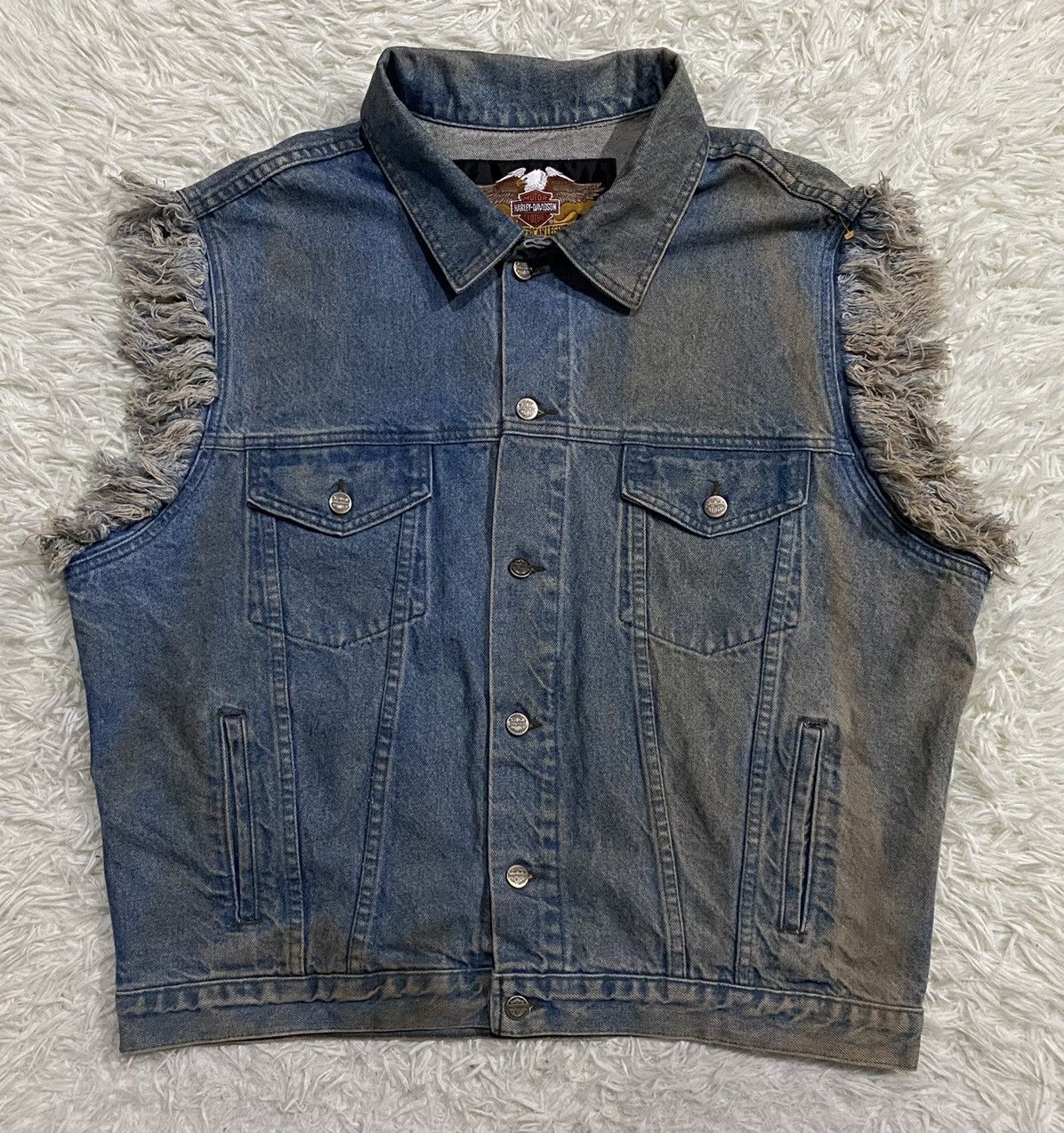 image of Harley Davidson Sleeveless Distressed Denim Trucker Jacket in Denim Blue, Men's (Size XL)