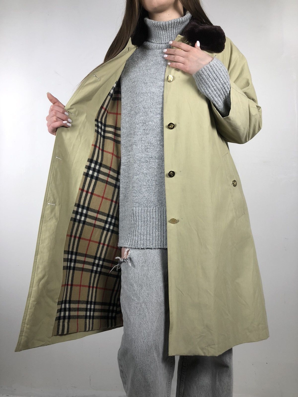 Burberry × Vintage Burberry Prorsum Wmns Novacheck Fur Neck Wool Trench Coat Size ONE SIZE - 5 Thumbnail