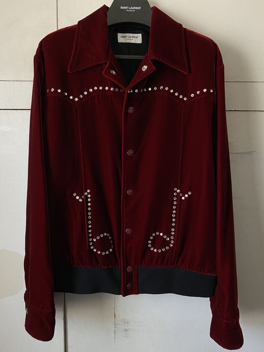 Saint Laurent Paris Musical Notes Velvet Teddy Jacket In Dark Red