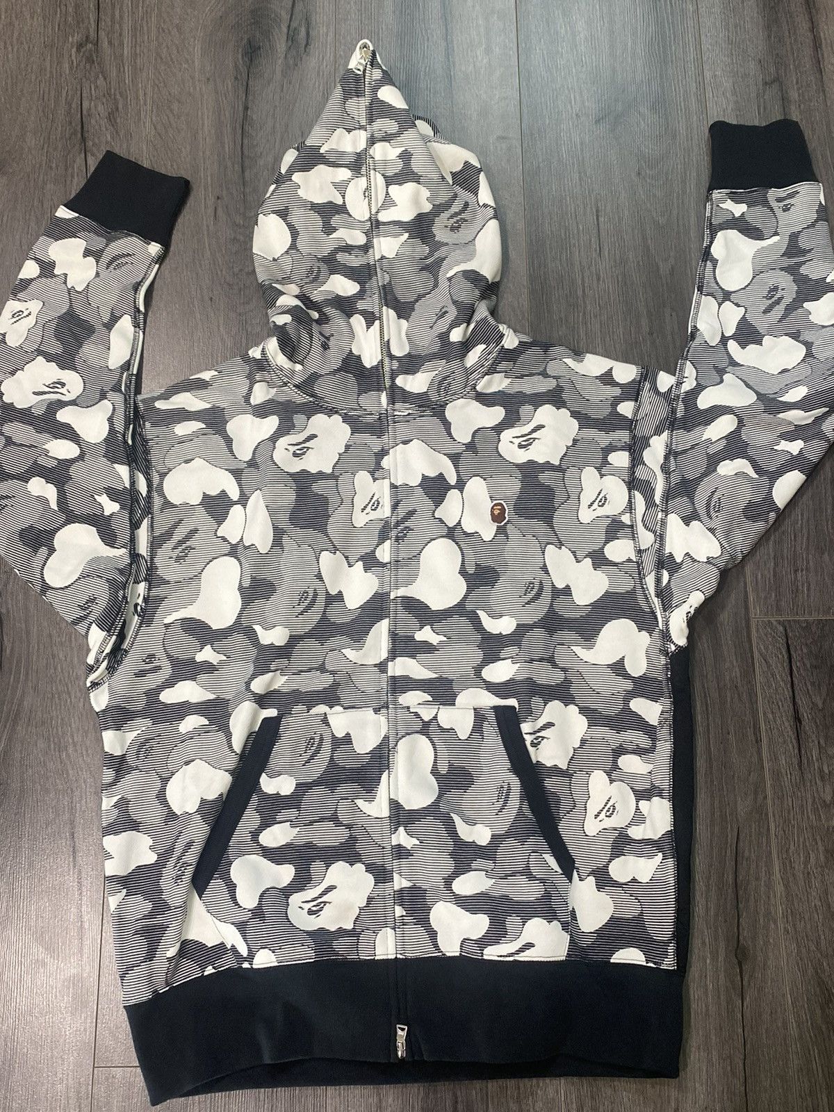 image of Bape Stripe Abc Camo Relaxed Full Zip Hoodie in Black, Men's (Size Medium)