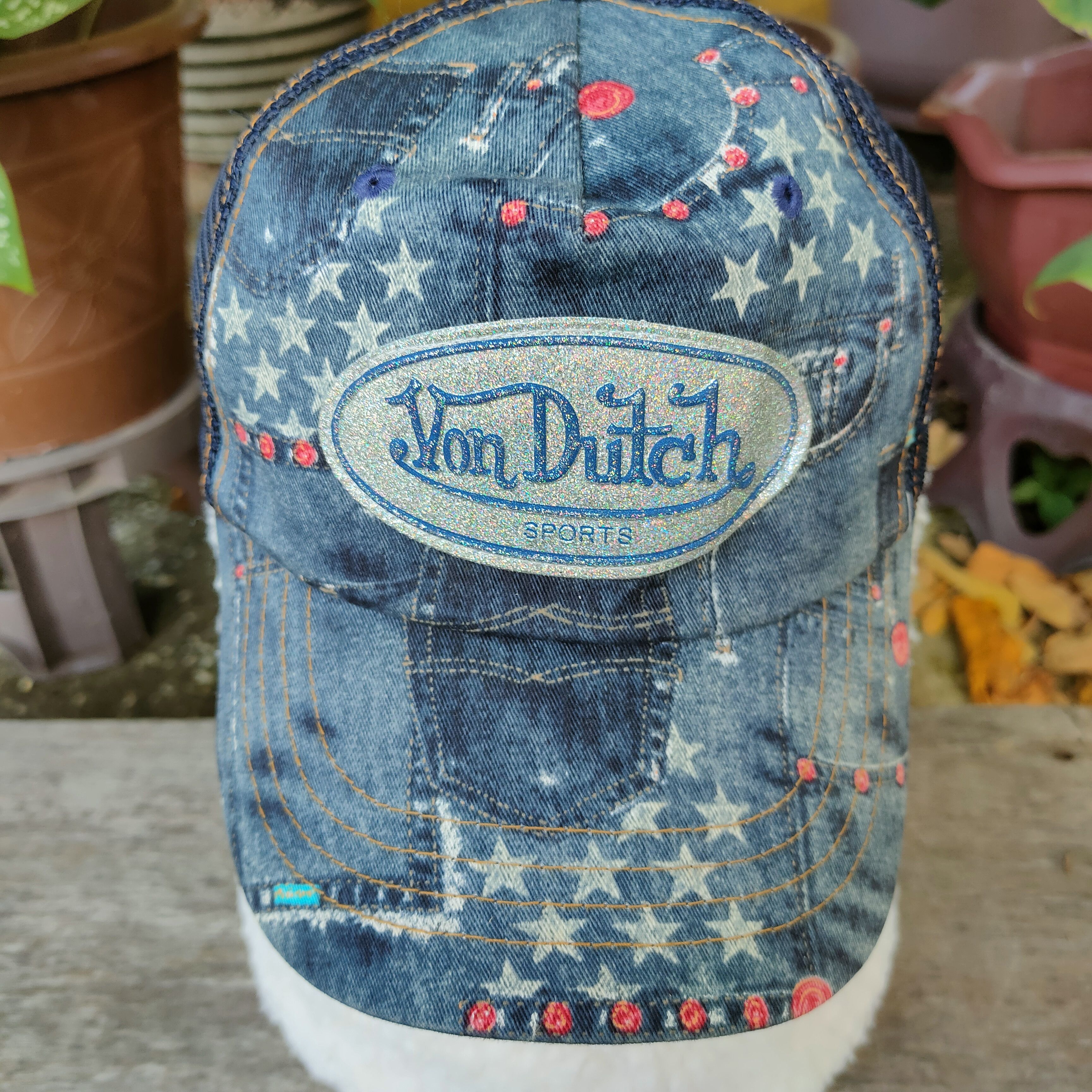 Vintage Vintage VON DUTCH Denim Jeans Pattern Patches Trucker Cap Size ONE SIZE - 2 Thumbnail