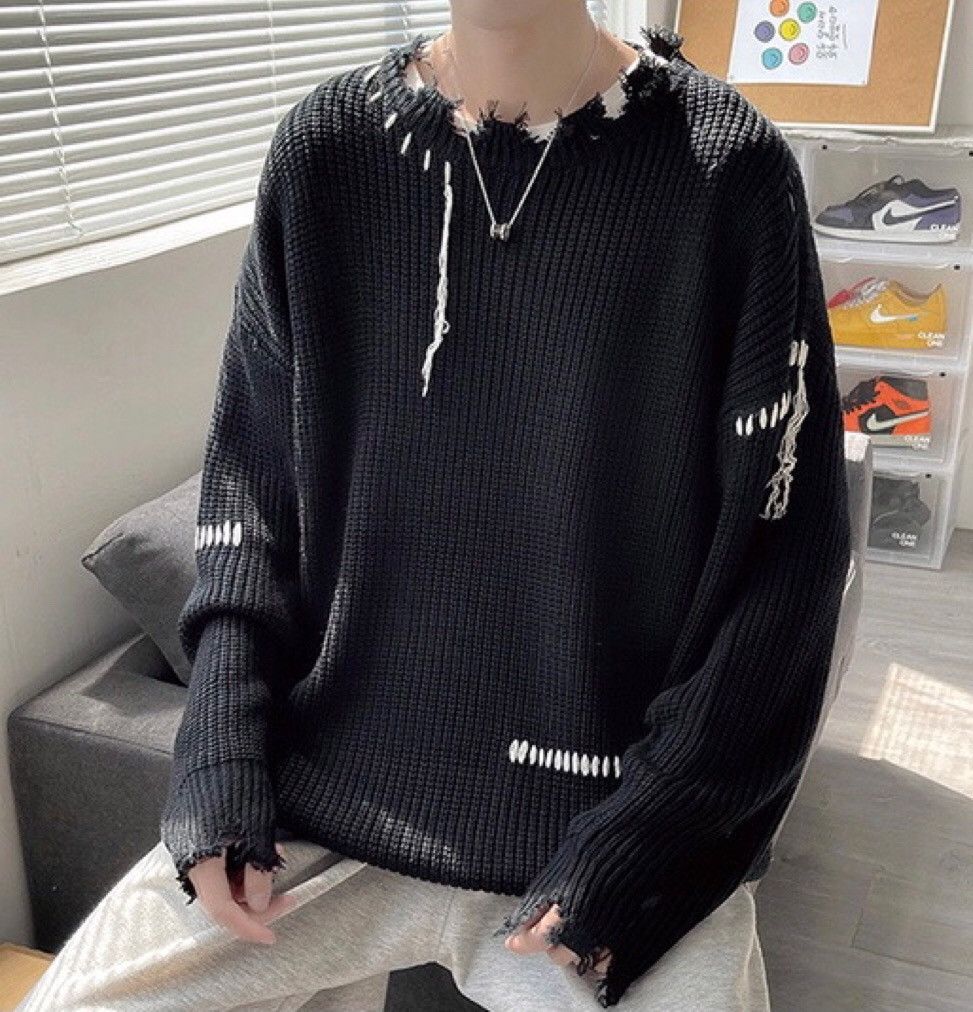 Korean fashion black distressed knit sweater knitwear