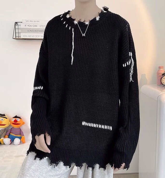 Korean fashion black distressed knit sweater knitwear