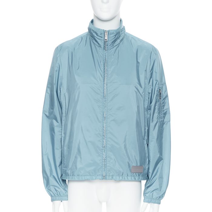 Prada new PRADA Nylon teal blue rubber logo badge zip front ligth shell ...