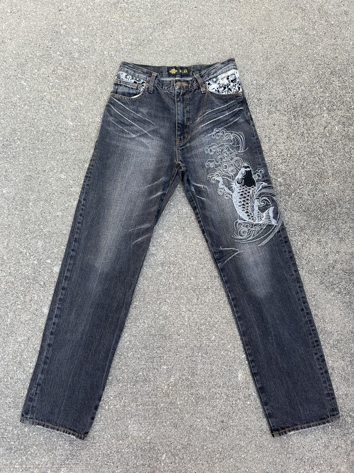 Karakuri Tamashii Vintage Japan Brand Embroidery Koi Fish Denim Jeans Size US 30 / EU 46 - 1 Thumbnail