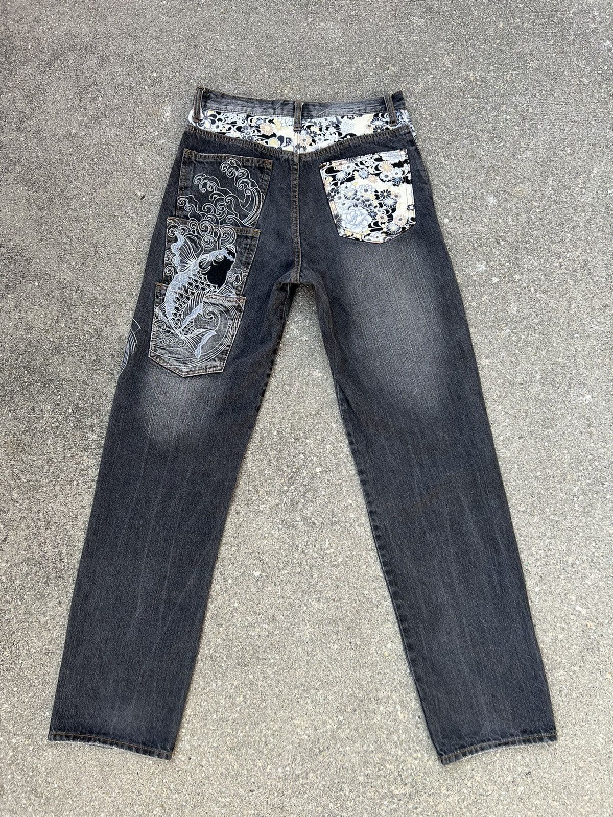 Karakuri Tamashii Vintage Japan Brand Embroidery Koi Fish Denim Jeans Size US 30 / EU 46 - 2 Thumbnail