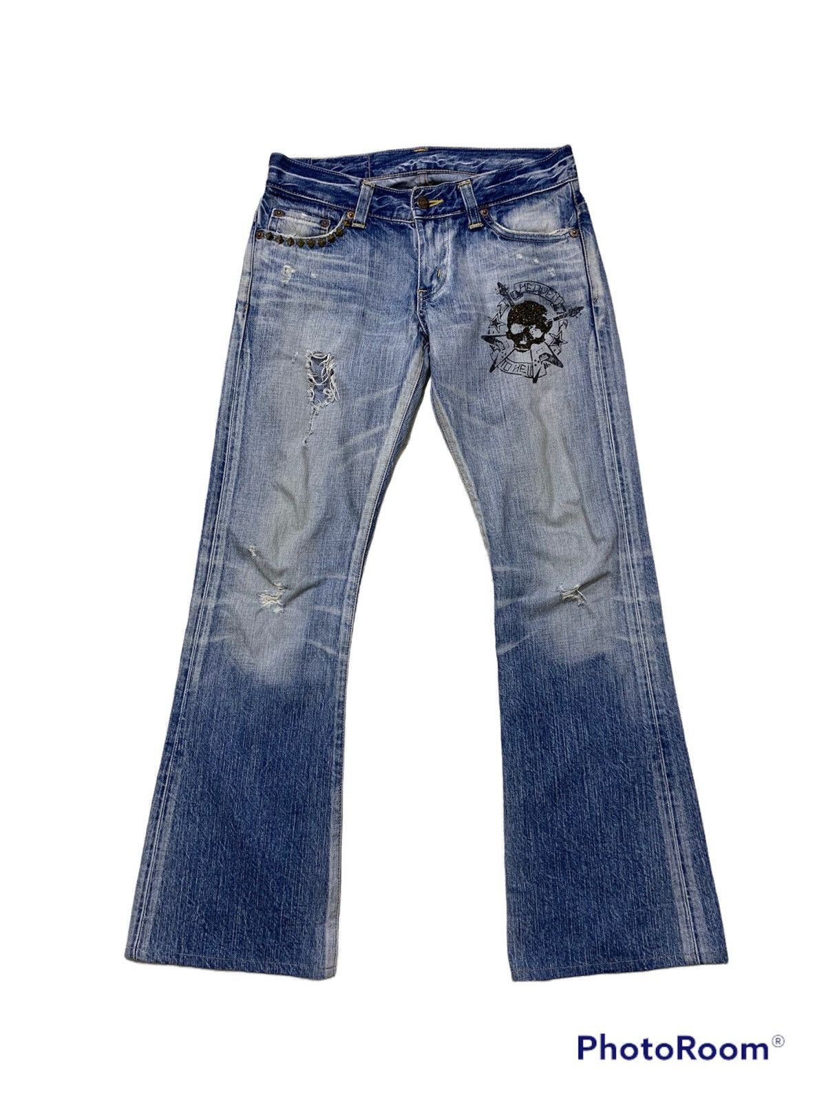 Edwin woman flare skull design distressed denim