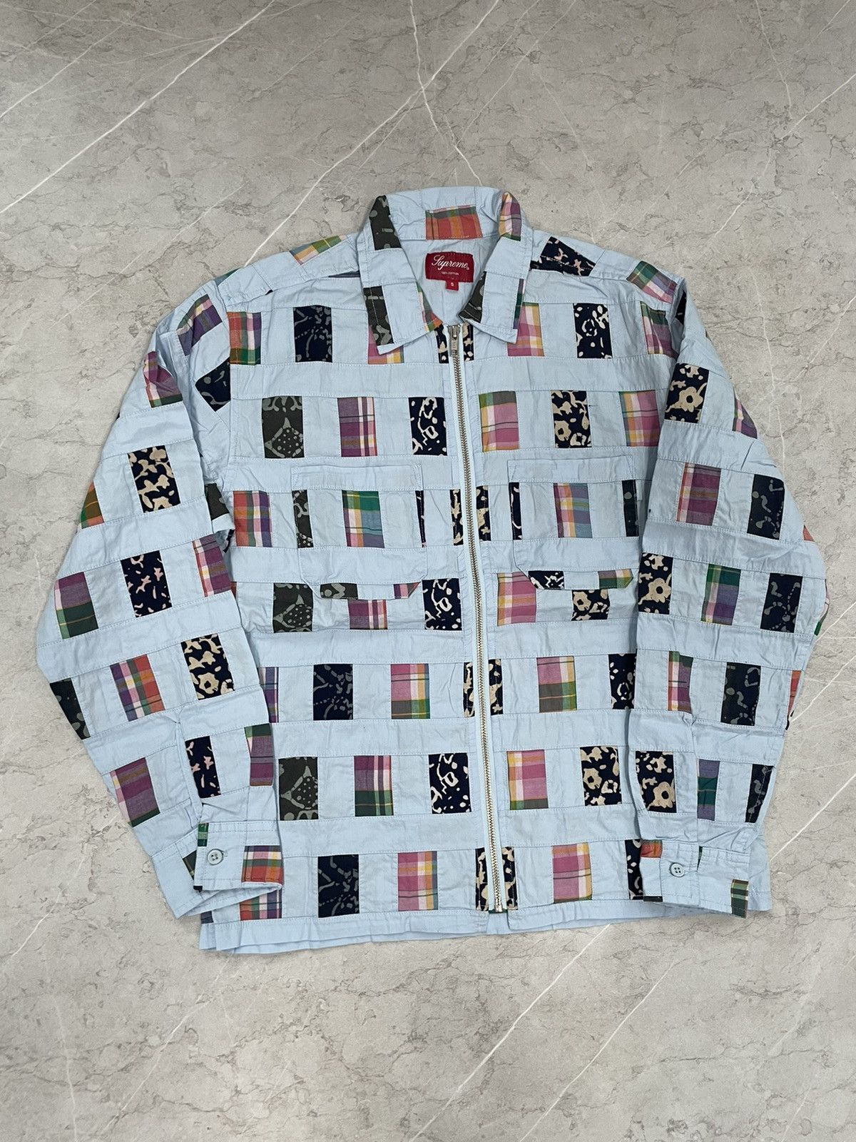 image of Supreme Patches Work Zip Up in Blue, Men's (Size Small)