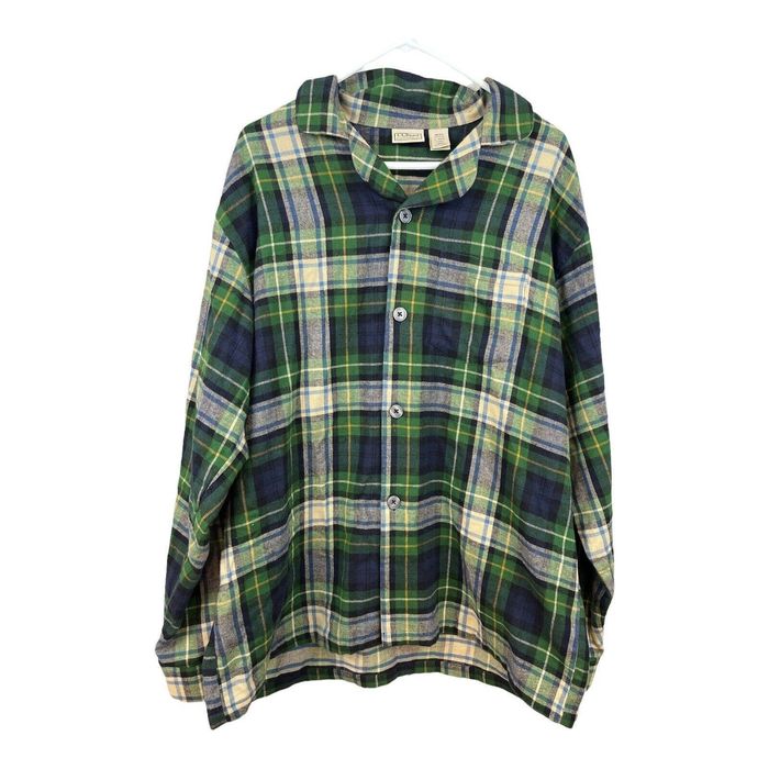 L.L. Bean LL Bean Flannel Button Up Pajama Shirt Mens L Green Blue