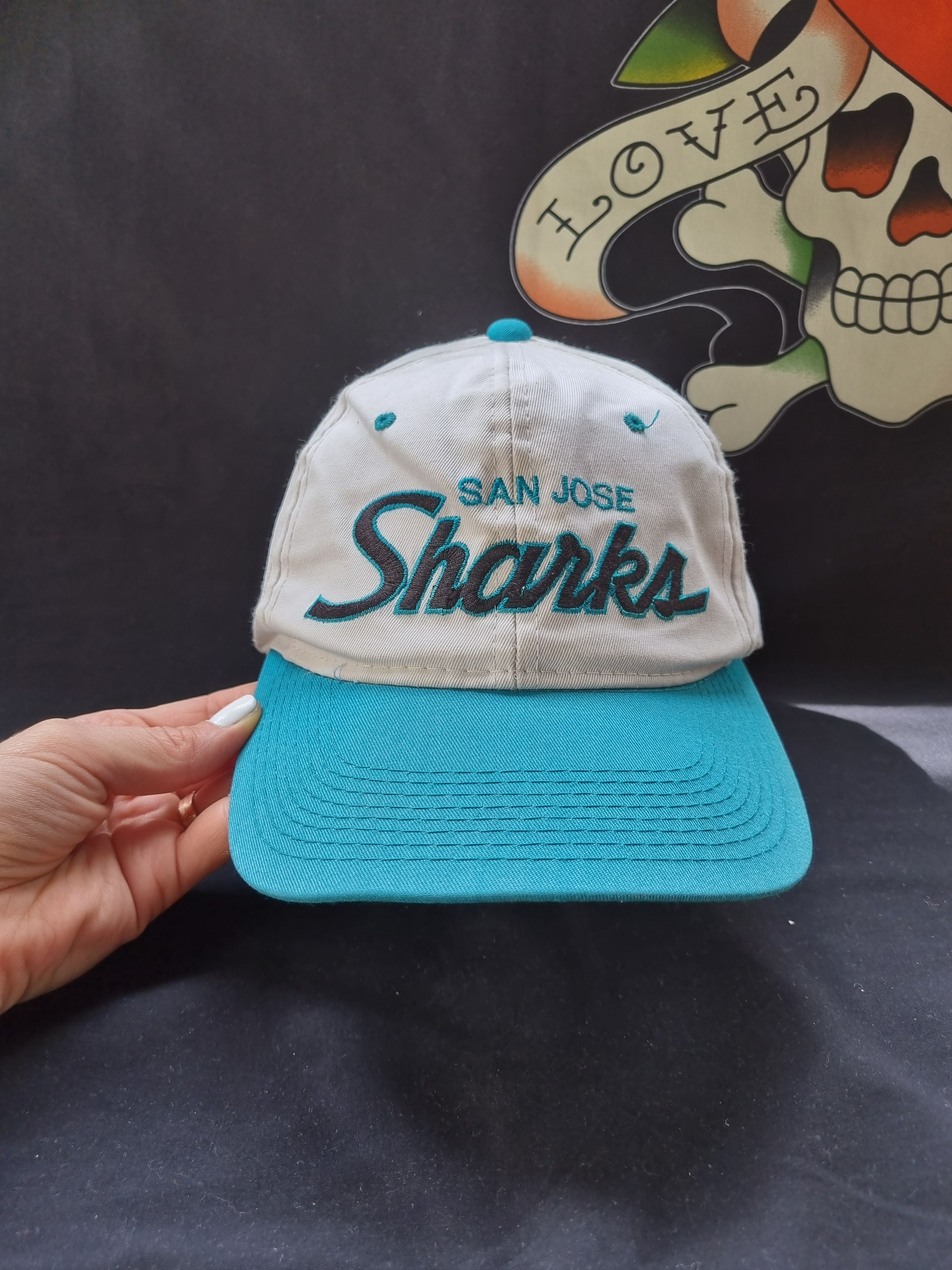 NHL × Sports Specialties 90s NHL Sharks San Jose Sports Specialties Script Logo Cap Size ONE SIZE - 1 Thumbnail