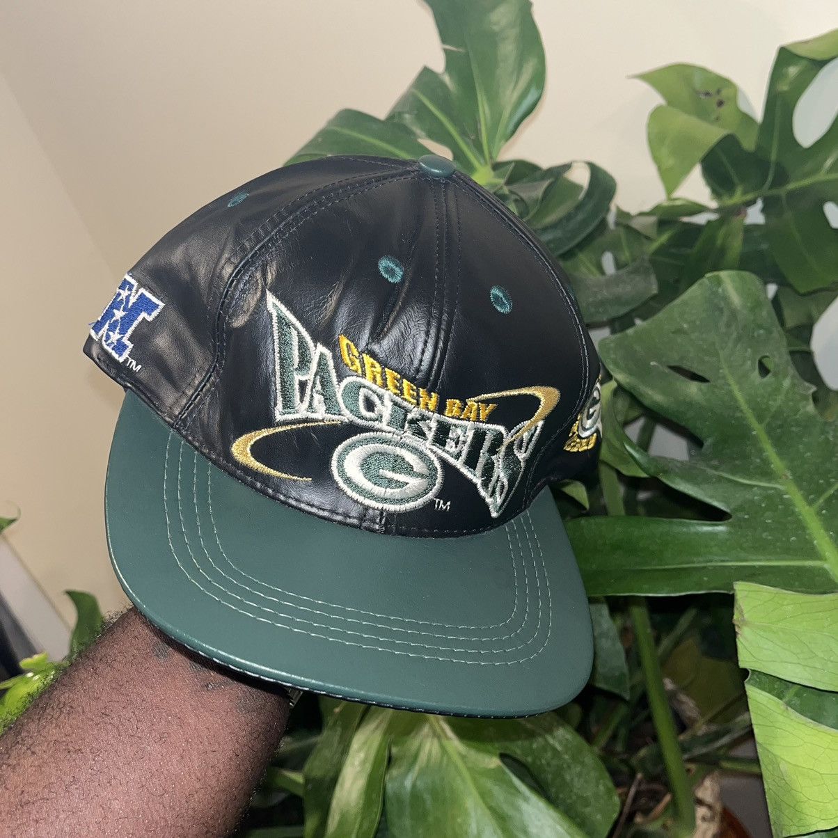 キャップ 90s NFL Green Bay Packers Leather Cap Leather Packers Snapback Vintage 90s Green Bay Packers Genuine