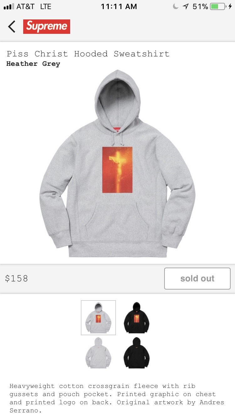 Supreme Supreme Piss Christ Hooded Sweatshirt | Grailed