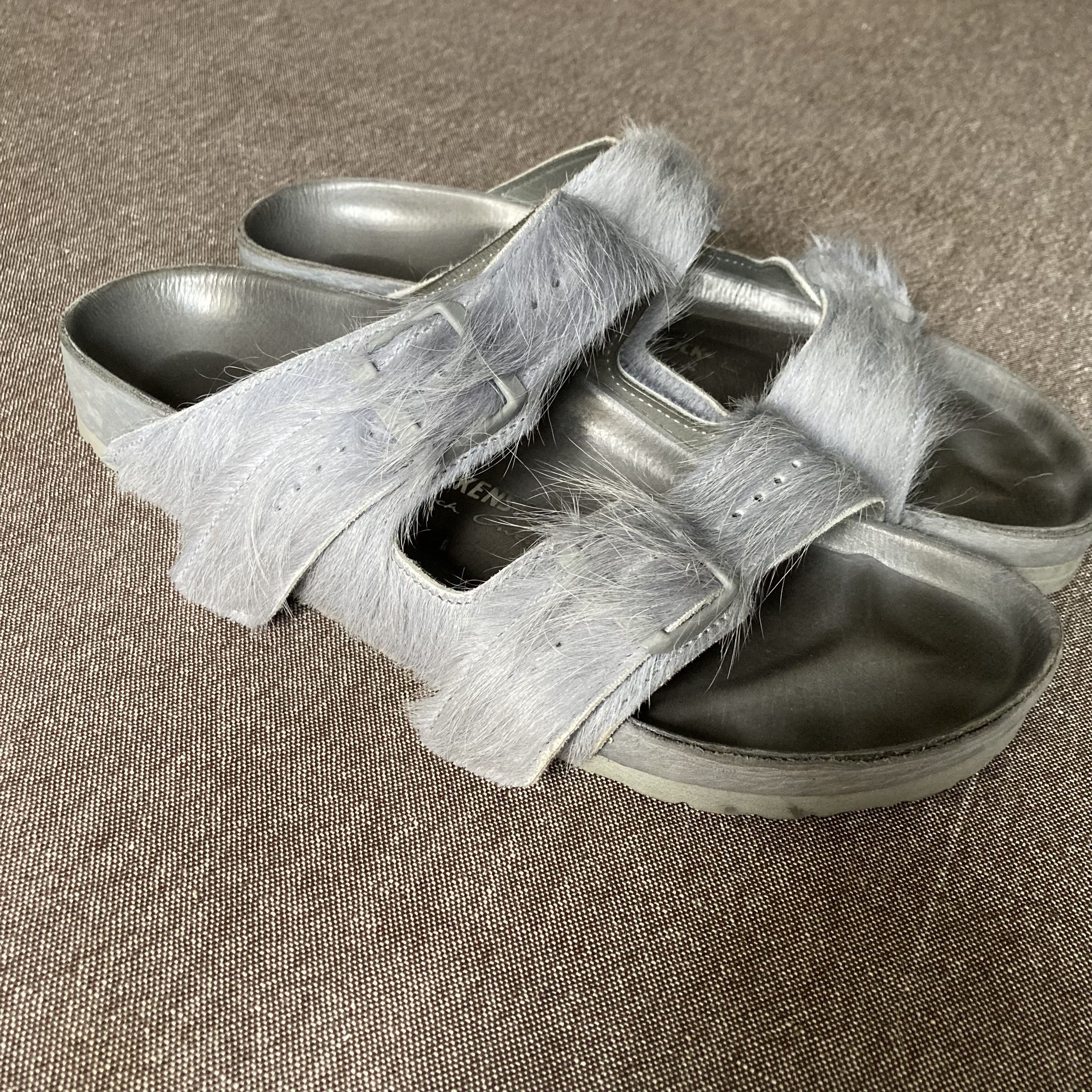RICK OWENS BIRKENSTOCK GREY ARIZONA FUR SANDALS