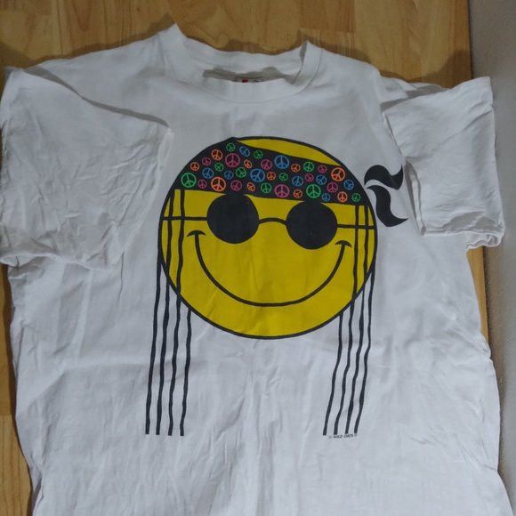 Vintage 90s Smile Face Hippie Neon Peace Signs T-Shirt