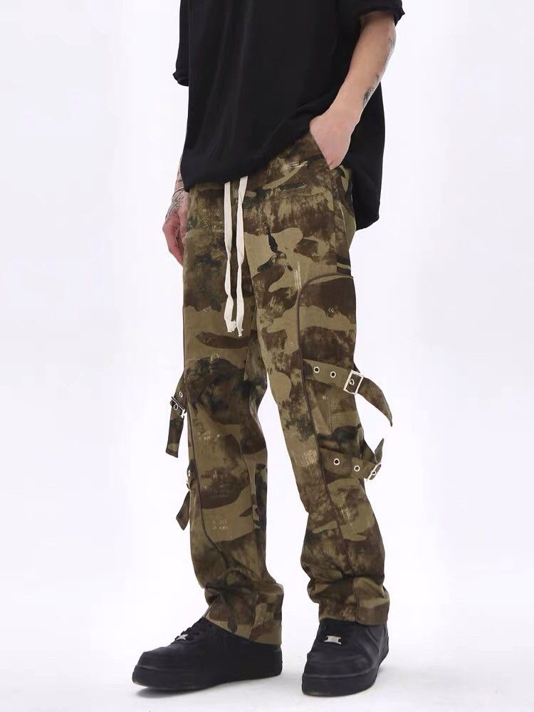 Green camouflage military utility buckle pants