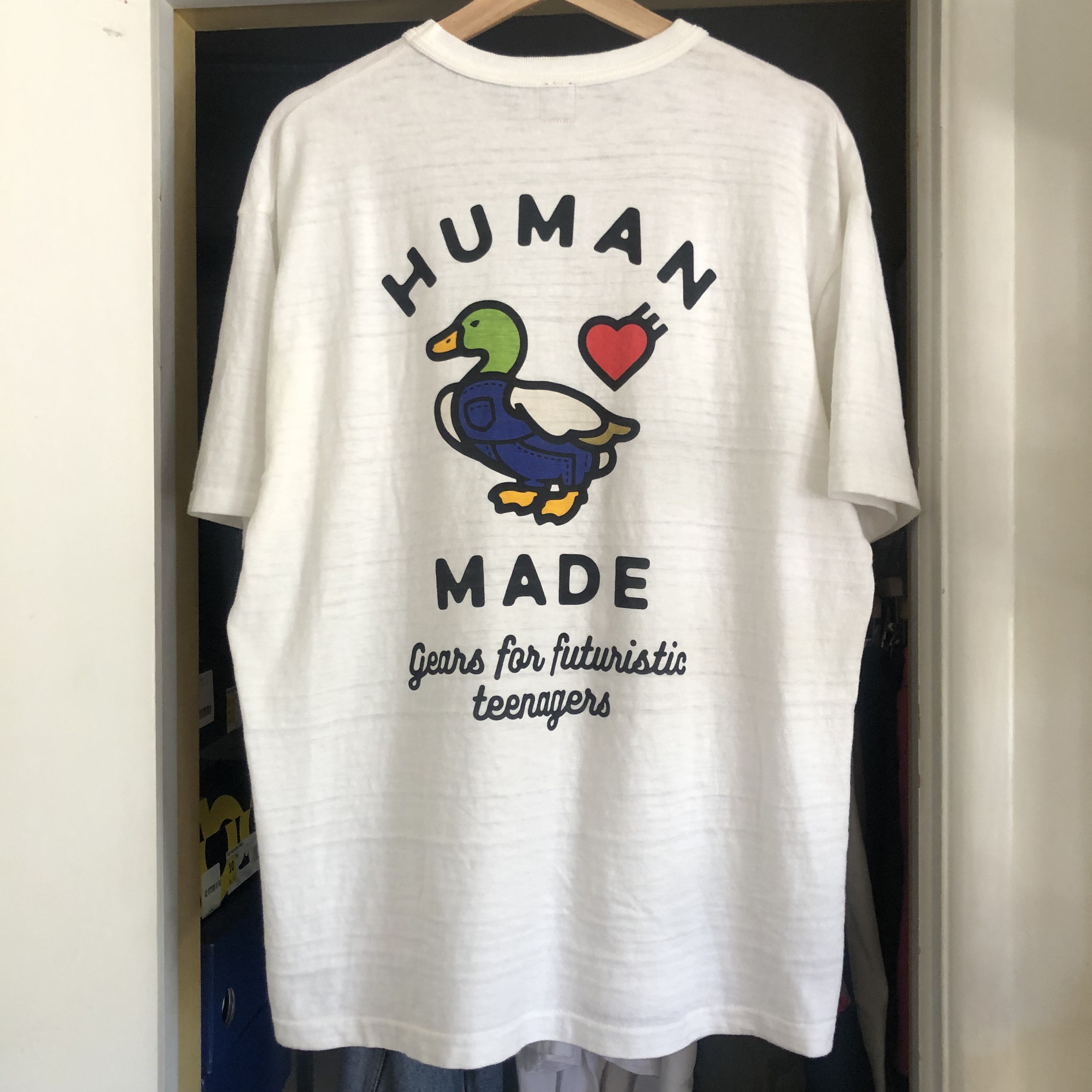 image of Human Made Heart Logo Pocket & Duck Overalls T Shirt in White, Men's (Size XL)