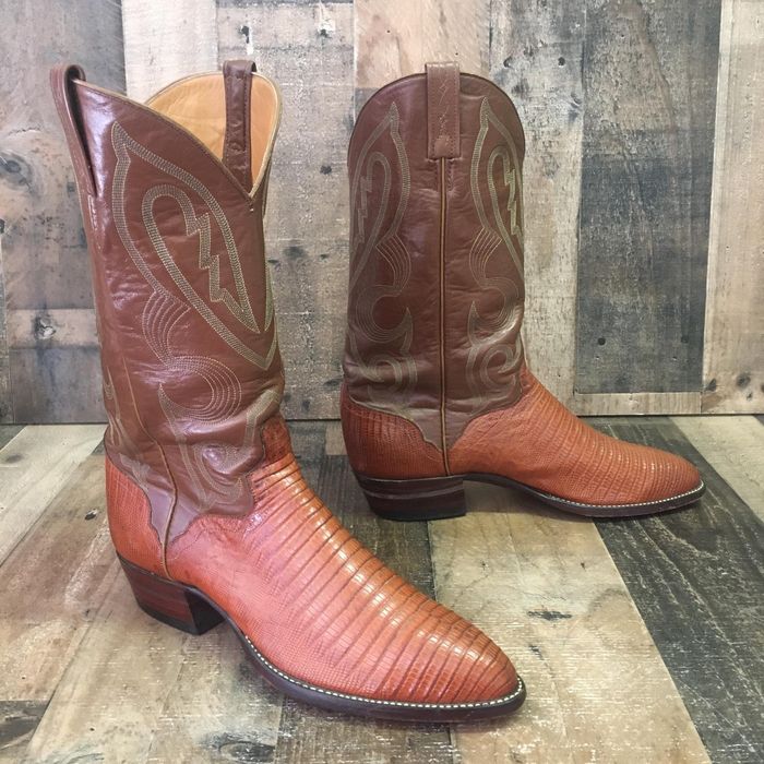 Men's King Exotic Teju Lizard Square Toe Boots With Saddle Handmade Brown