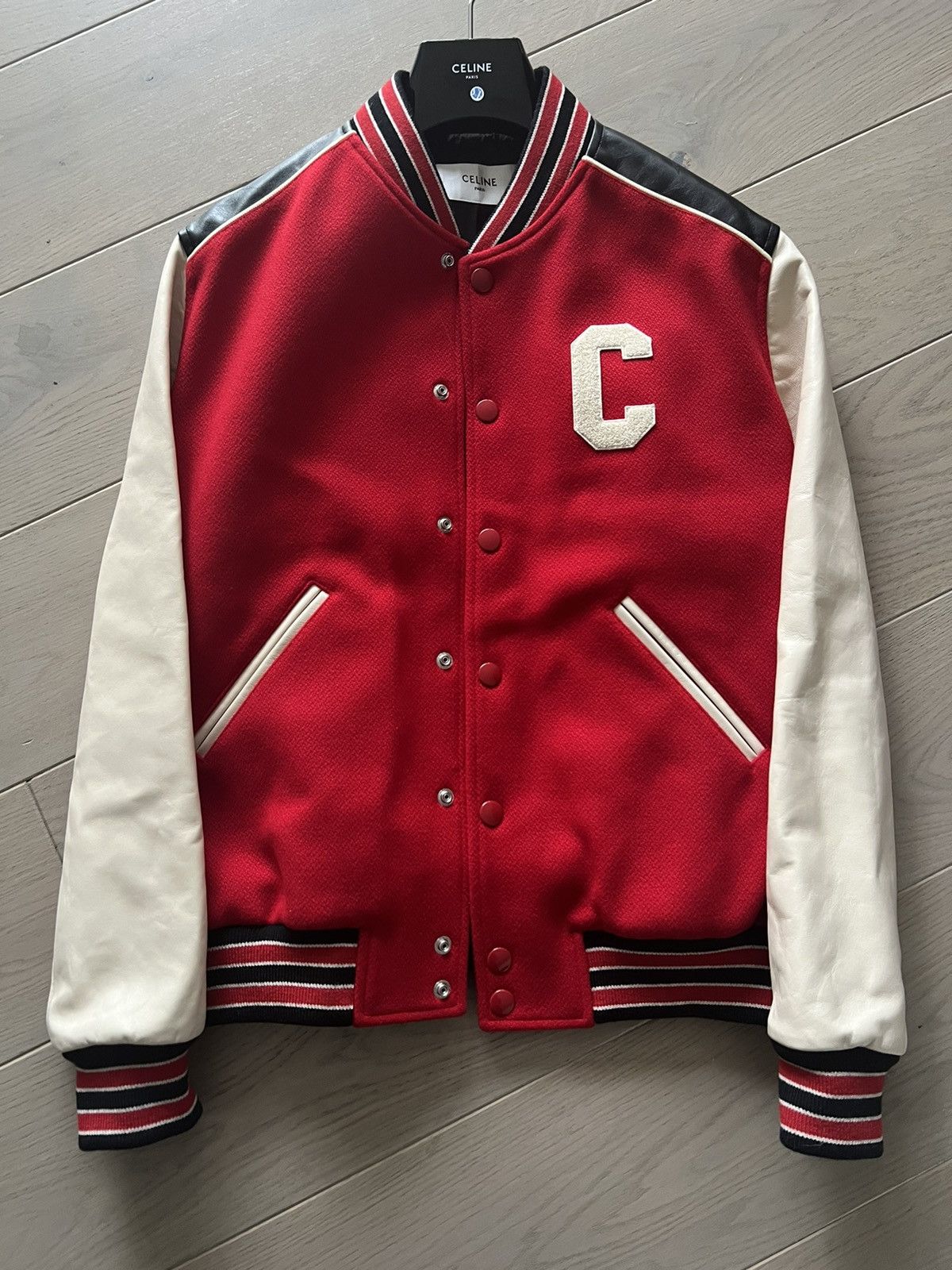 image of Celine Red Wool & Leather Teddy Varsity Bomber Jacket in Red/White, Men's (Size Medium)