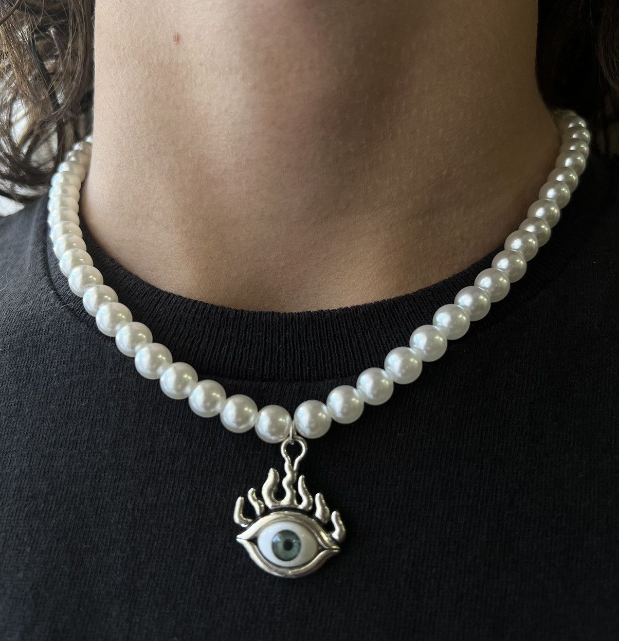 Jewelry Simulated Pearl Necklace with eyeball flames charm Size ONE SIZE - 1 Thumbnail