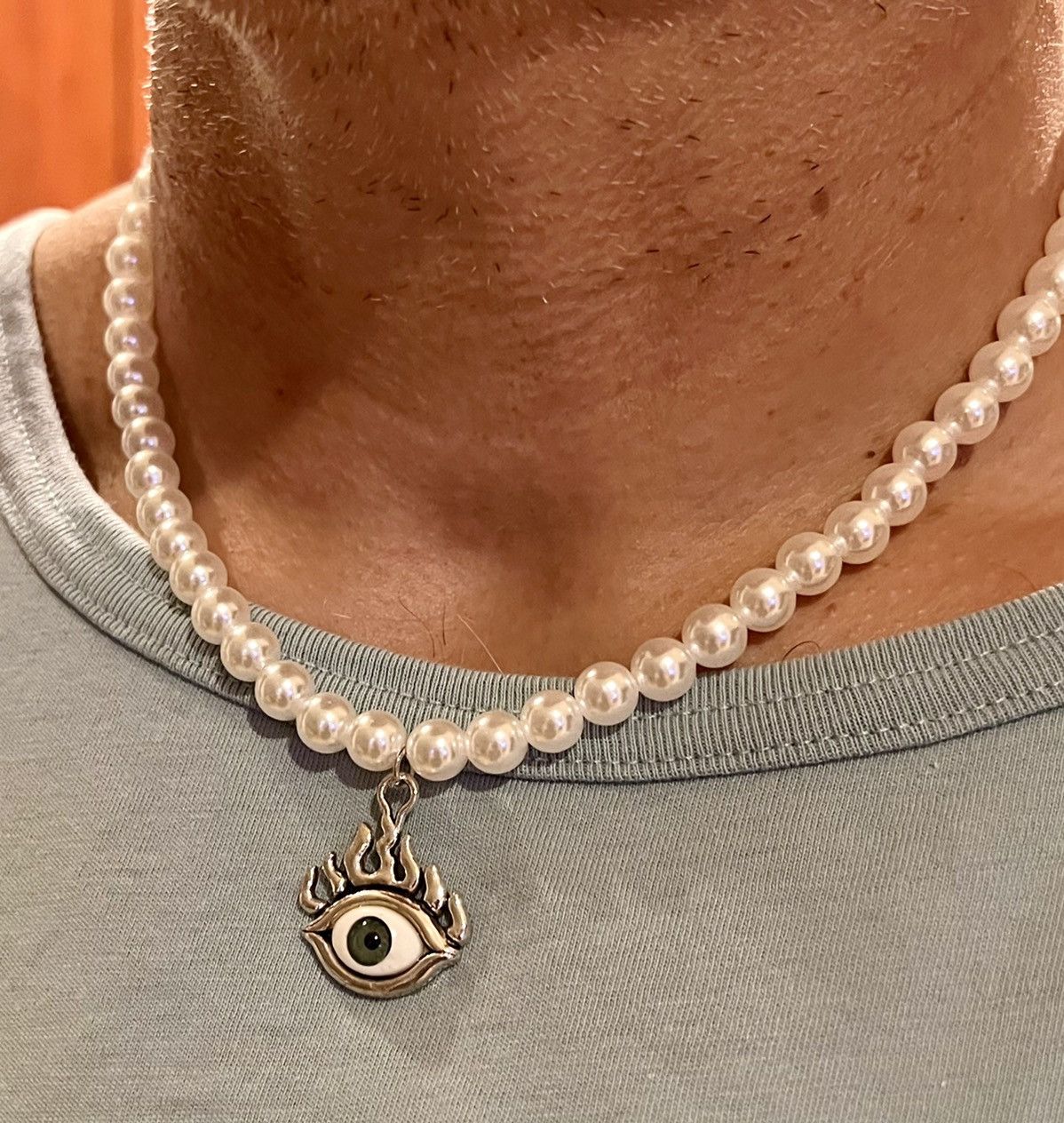 Jewelry Simulated Pearl Necklace with eyeball flames charm Size ONE SIZE - 2 Thumbnail