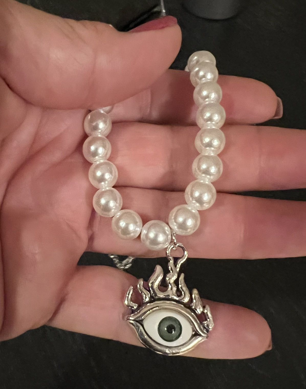 Jewelry Simulated Pearl Necklace with eyeball flames charm Size ONE SIZE - 3 Thumbnail