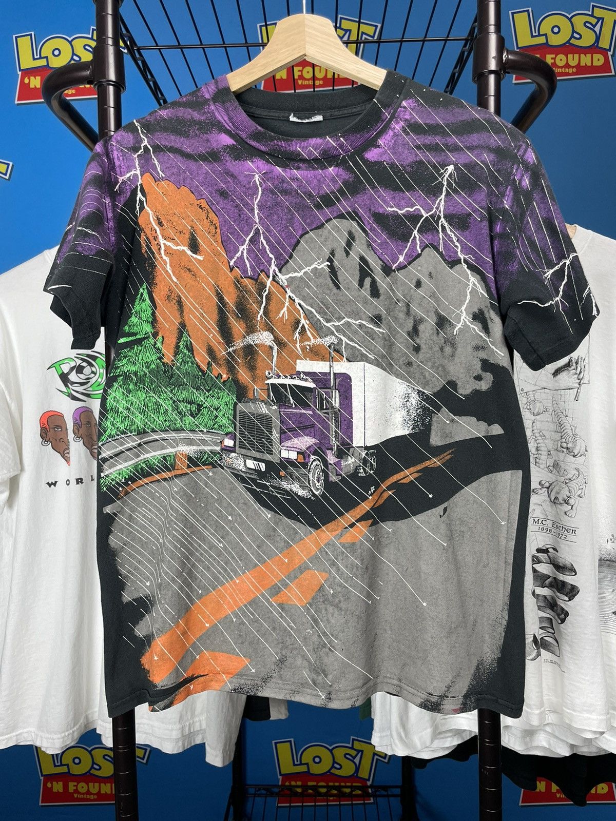 ‘90s Vintage Thunder Lightning Semi Truck AOP Tee Americana