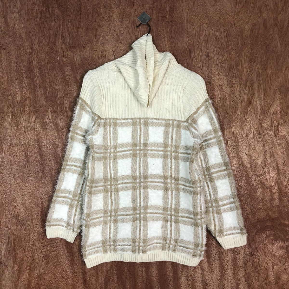 One Way Brown Checkered Mohair Shag Shaggy Knitwear #0474