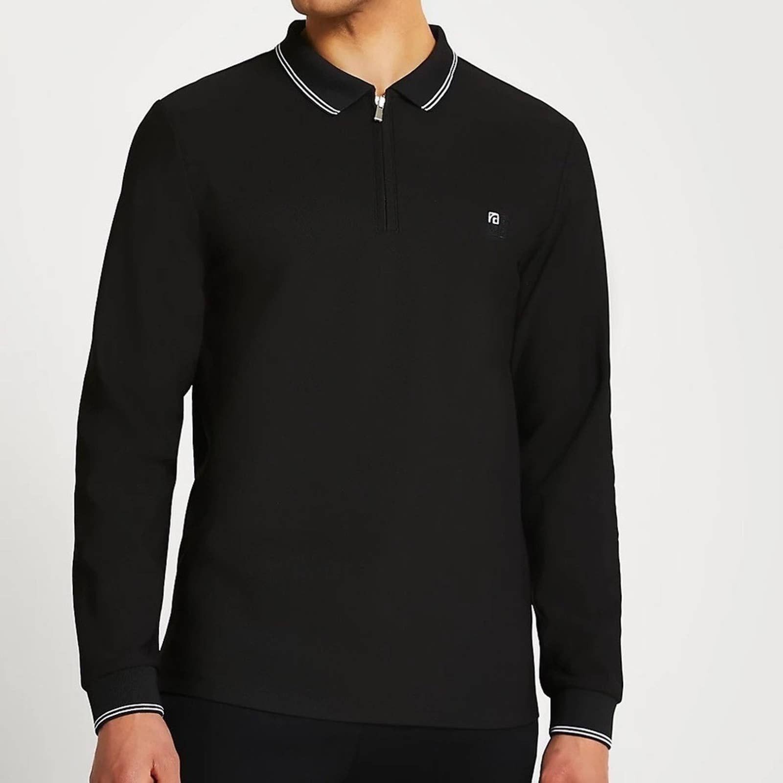 River Island zip slum fit long sleeve embroidered logo polo